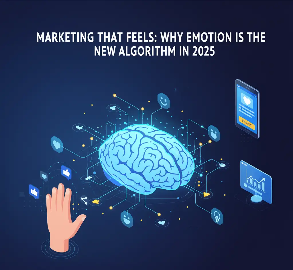a glowing blue brain connected to social media icons, a hand, a smartphone with a heart, and a laptop showing growth, representing emotion in digital marketing.